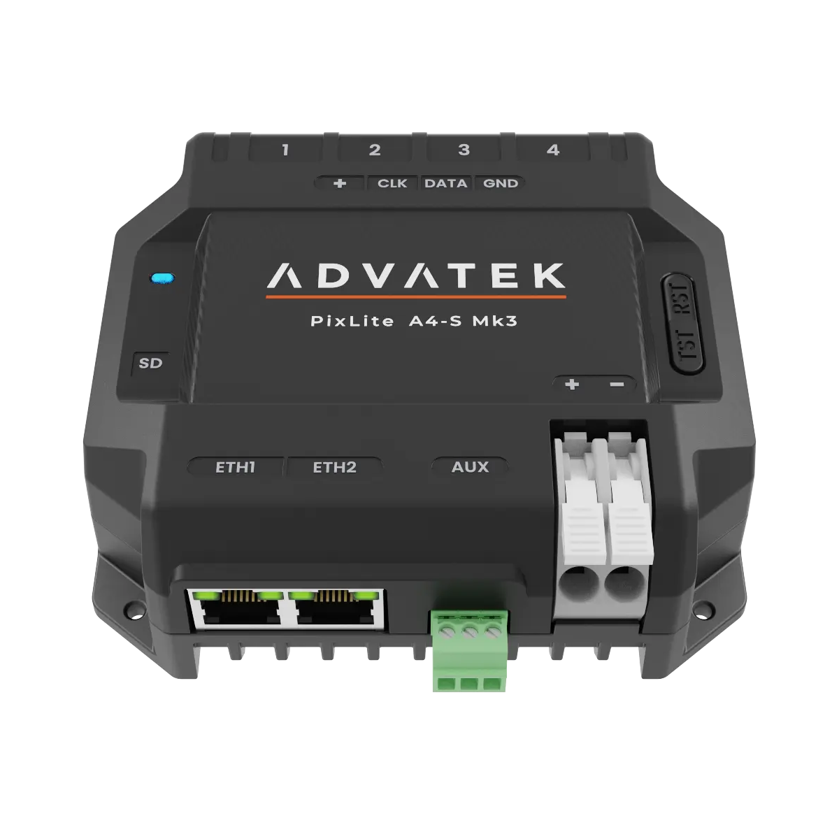 PixLite A4-S Mk3 van boven: twee RJ45-netwerkaansluitingen ETH1 en ETH2, driepolige AUX-klem, witte push-in-klemmen voor de voeding, SD-kaartslot en de knoppen TST en RST.
