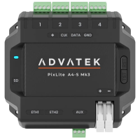 PixLite A4-S Mk3 visto dallalto, lato connessioni: porte...