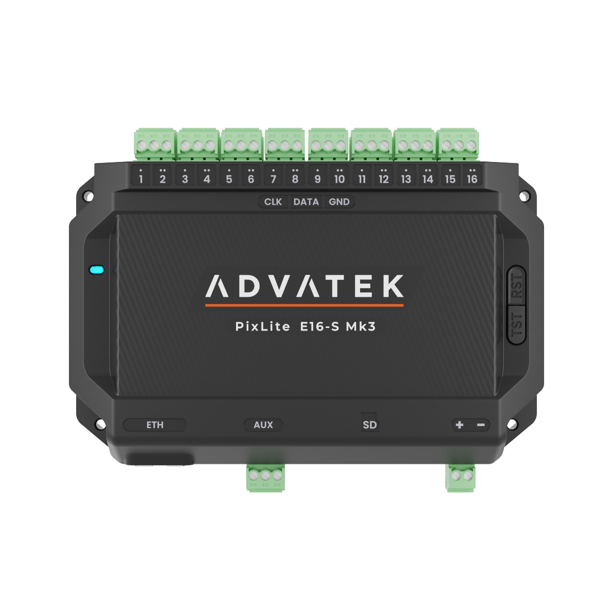 PixLite E16-S Mk3 dall'alto: sedici morsetti verdi innestabili 1–16 con i contatti CLK, DATA e GND, sul lato i tasti TST e RST, in basso ETH, AUX, lo slot SD e i morsetti + e − dell'alimentazione.