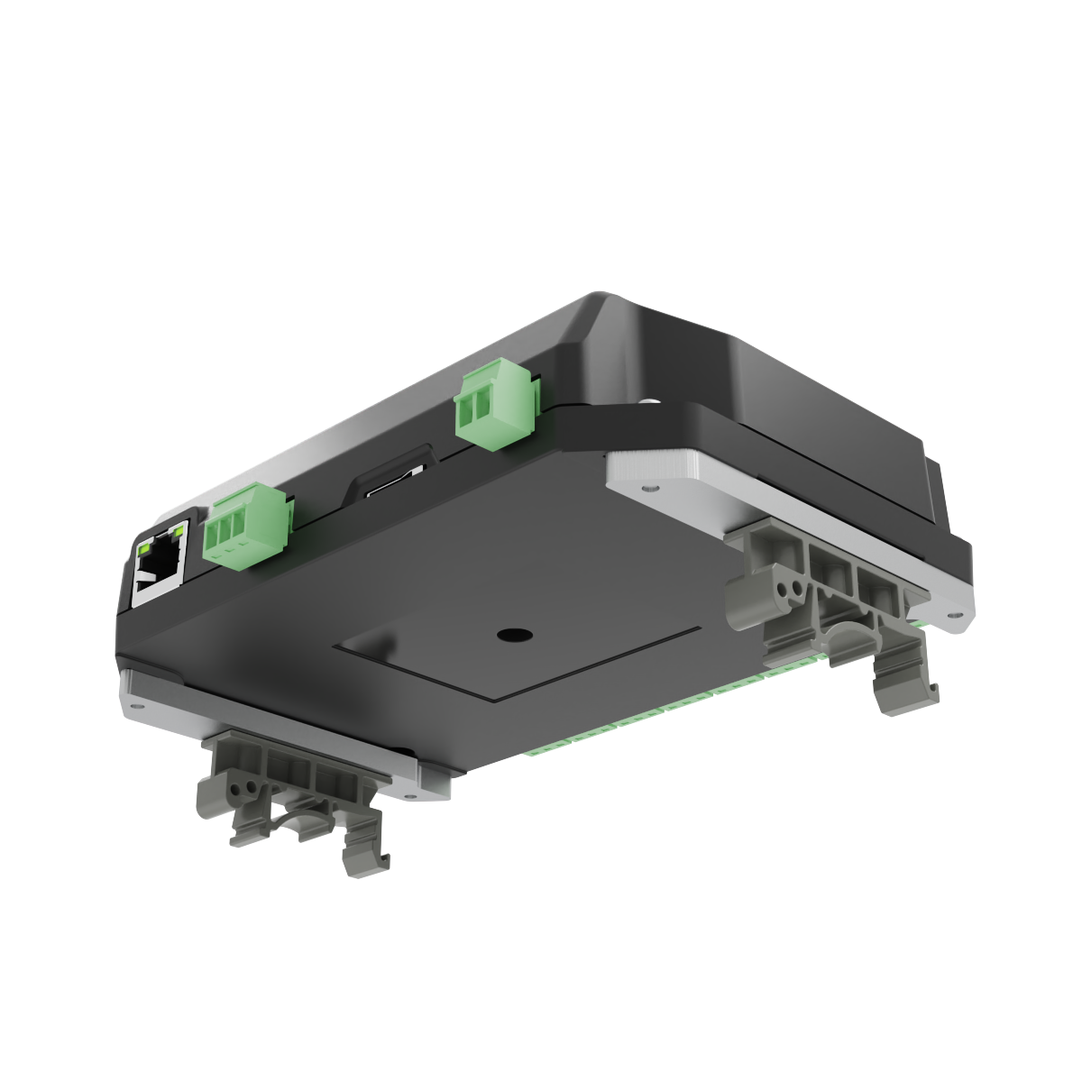 PixLite E16-S Mk3 dal basso, montato su guida DIN con il kit guida DIN opzionale.
