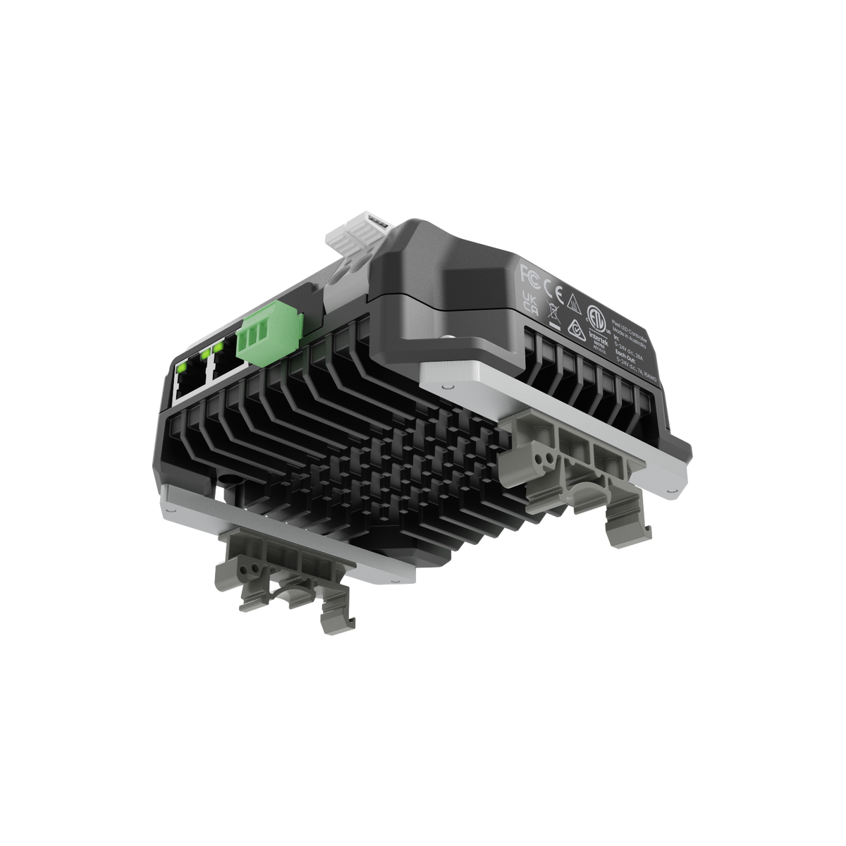 PixLite A4-S Mk3 con dissipatore su una guida DIN, montato con il kit guida DIN