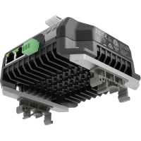 PixLite A4-S Mk3 con dissipatore dal basso in obliquo su una guida DIN, montato con il kit guida DIN