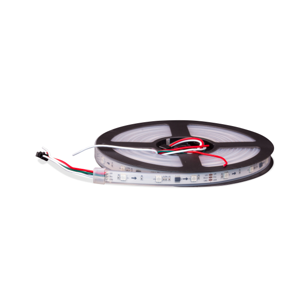 Tira de píxeles LED WS2811 en su bobina con cables de conexión y conector de 3 polos