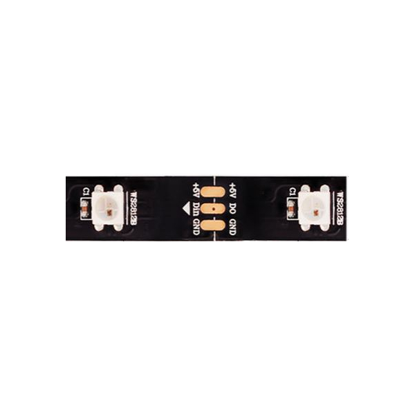 Primer plano de la tira con LED WS2812b y punto de corte (+5V, DIN/DO, GND)