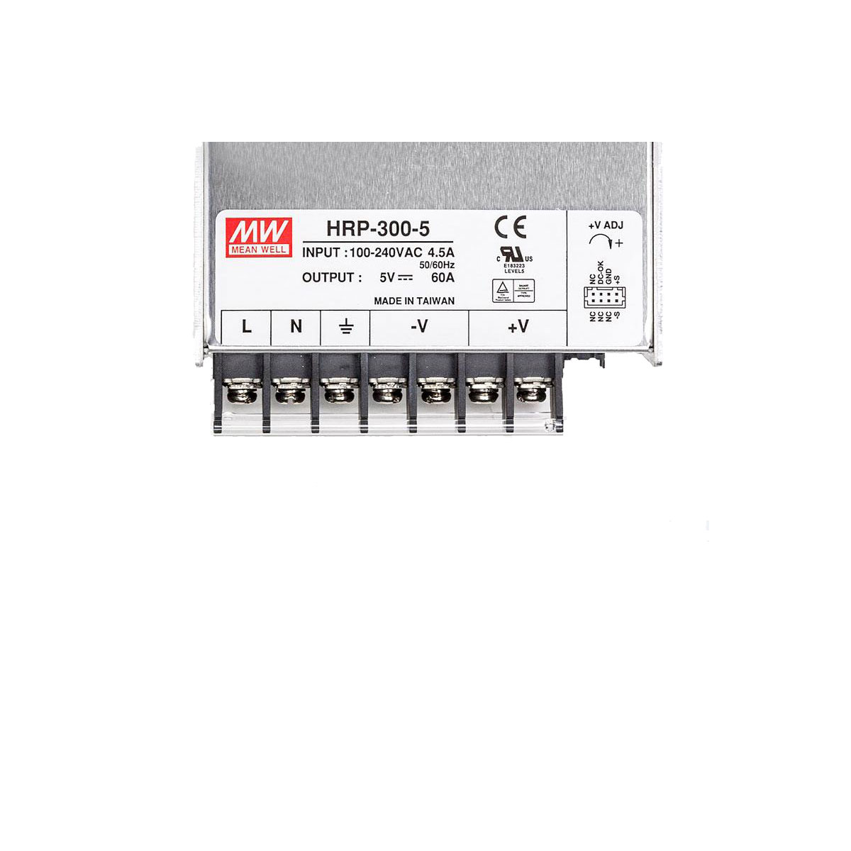 Typeplaatje van de MEAN WELL HRP-300-5 boven de klemmenstrook: klemmen L, N en aarde voor de netaansluiting, daarnaast twee klemmen −V en twee +V voor de 5V-uitgang.