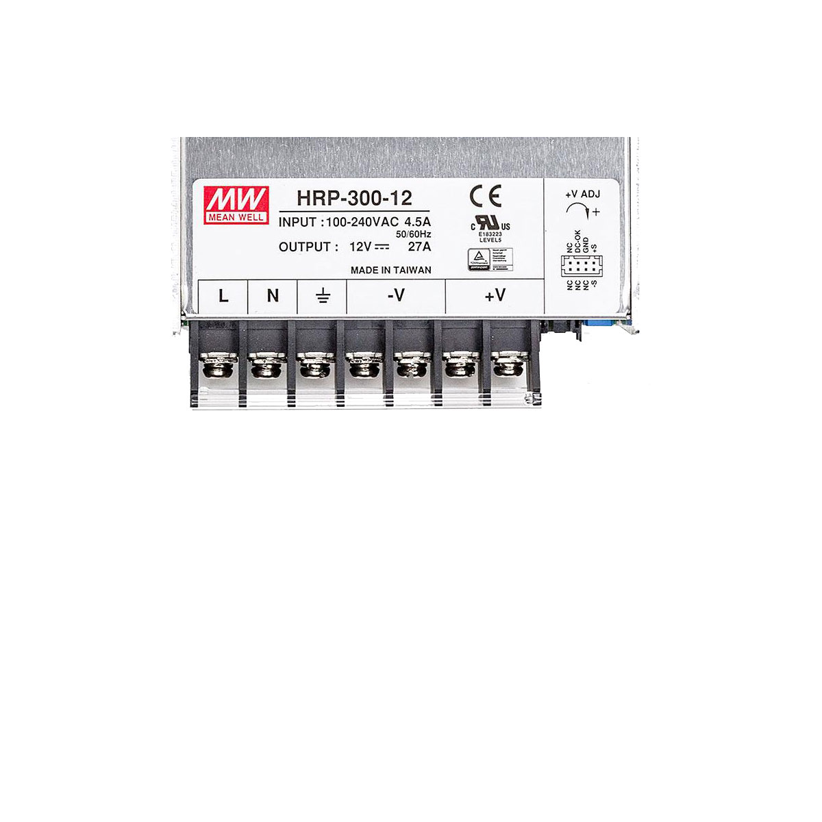 Typeplaatje van de MEAN WELL HRP-300-12 boven de klemmenstrook: klemmen L, N en aarde voor de netaansluiting, daarnaast twee klemmen −V en twee +V voor de 12V-uitgang.