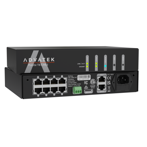 PixLite T8-S Mk3 en vista de tres cuartos: frontal con el...