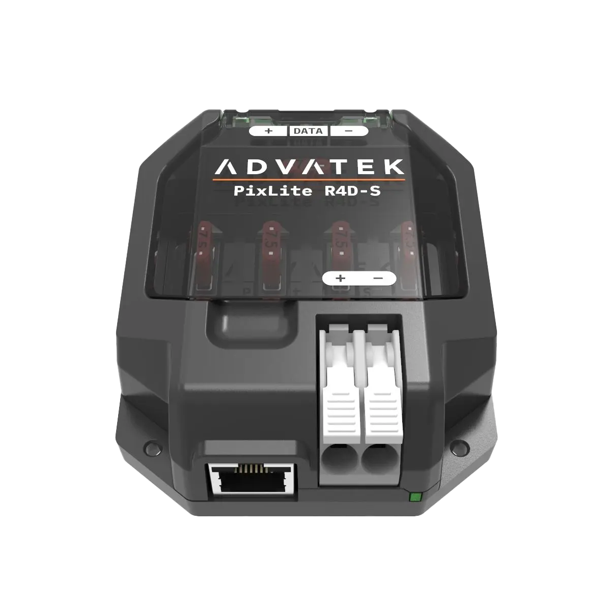 PixLite R4D-S van boven: vier uitgangsklemmen met +, DATA en −, daaronder vier steekzekeringen, onderaan de RJ45-bus voor de long-range-lijn en de witte snelaansluitklem voor de voeding.
