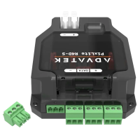 PixLite R4D-S van boven: vier uitgangsklemmen +, DATA, &minus;, vier steekzekeringen, RJ45-bus en snelaansluitklem voor de voeding