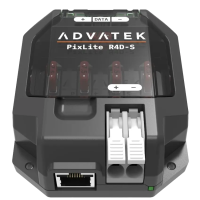 PixLite R4D-S schuin van voren met losgetrokken steekklemmen, RJ45-bus en voedingsklem