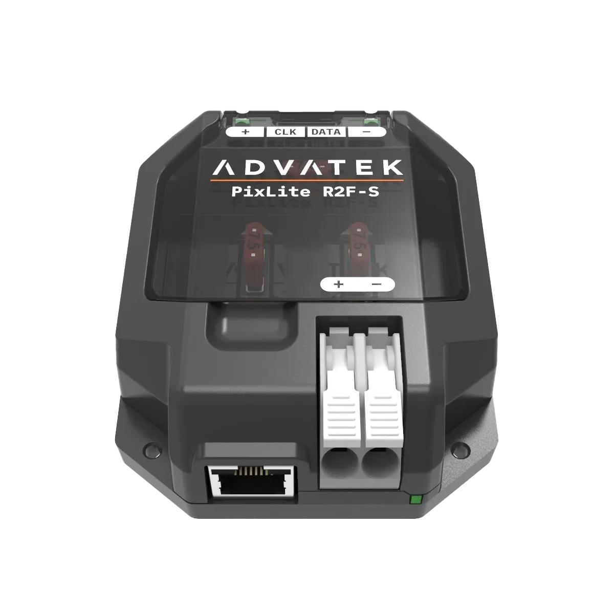 PixLite R2F-S desde arriba: dos bornes de salida con +, CLK, DATA y −, debajo los dos fusibles de cuchilla, abajo el conector RJ45 para la línea de largo alcance y el borne blanco de conexión rápida para la alimentación.