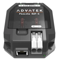 PixLite R2F-S schuin van voren met losgetrokken steekklemmen, RJ45-bus en voedingsklem