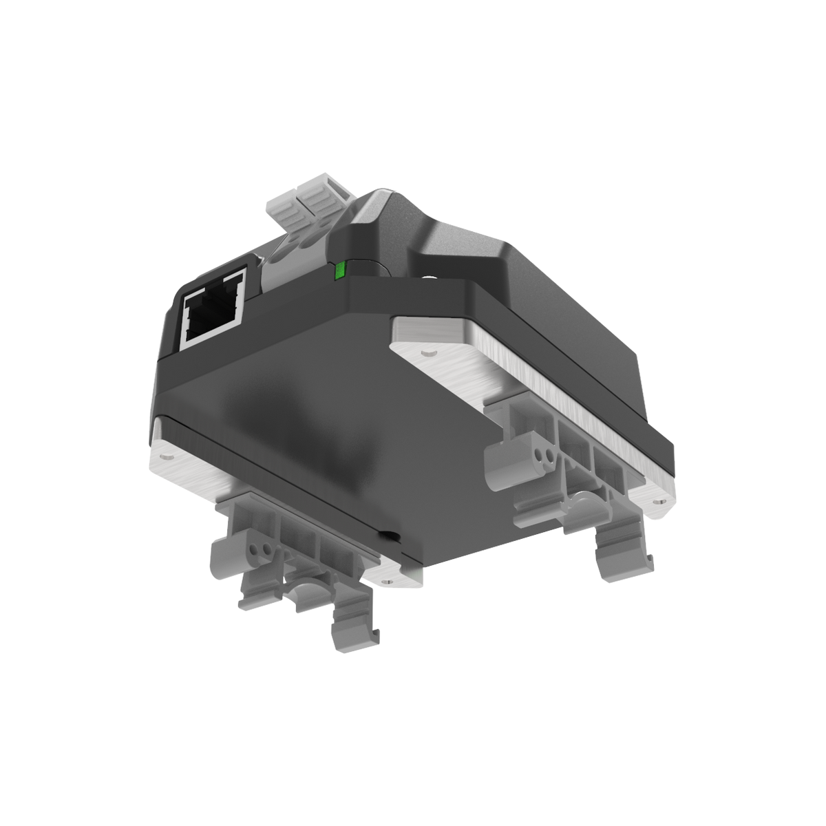 Advatek DIN-rail-kit: montageplaat, twee DIN-railclips en schroeven, ernaast een op de DIN-rail gemonteerde PixLite-controller