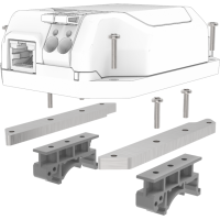 Explosietekening van de DIN-rail-kit: PixLite-behuizing, montageplaat, twee DIN-railclips en vier schroeven