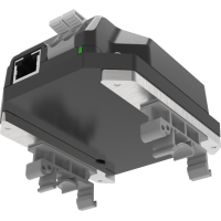 PixLite E-serie-controller met de DIN-rail-kit op een DIN-rail gemonteerd, schuin van onderen